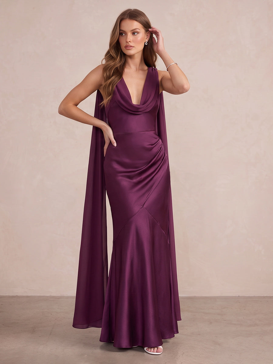 Plum Mermaid Long Satin Wedding Guest Dresses Cowl Neck Formal Dresses