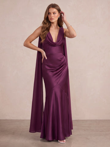 Plum Mermaid Long Satin Wedding Guest Dresses Cowl Neck Formal Dresses