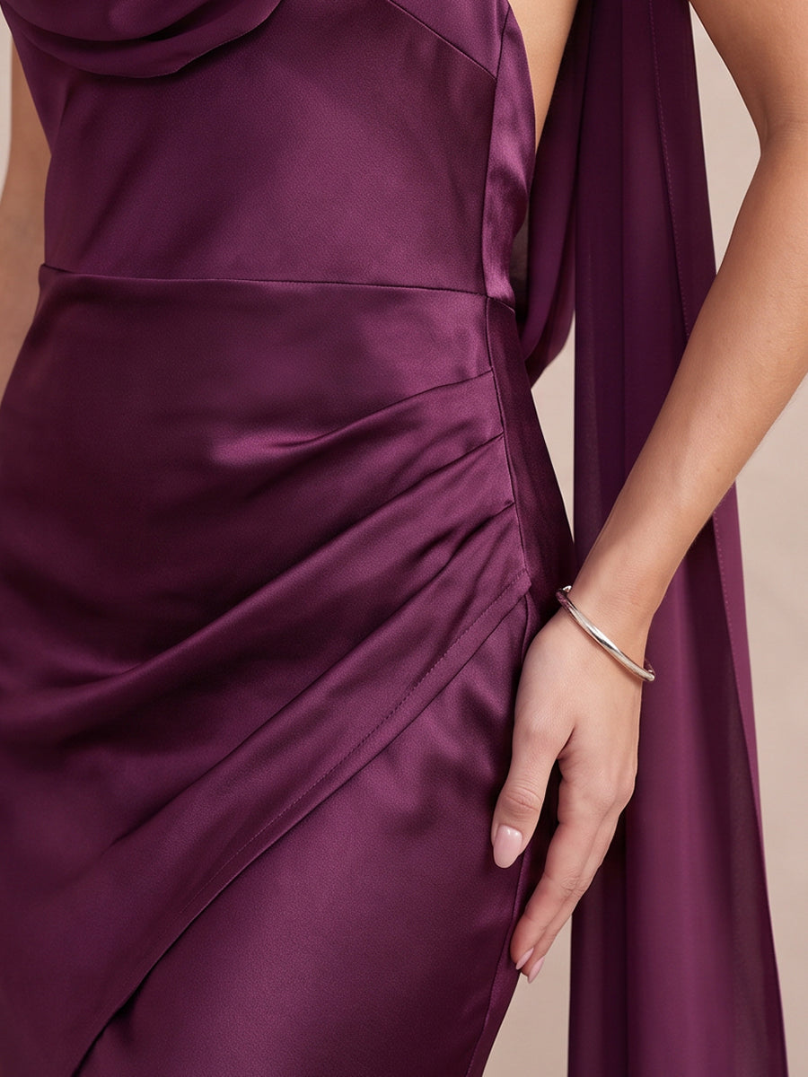 Plum Mermaid Long Satin Wedding Guest Dresses Cowl Neck Formal Dresses