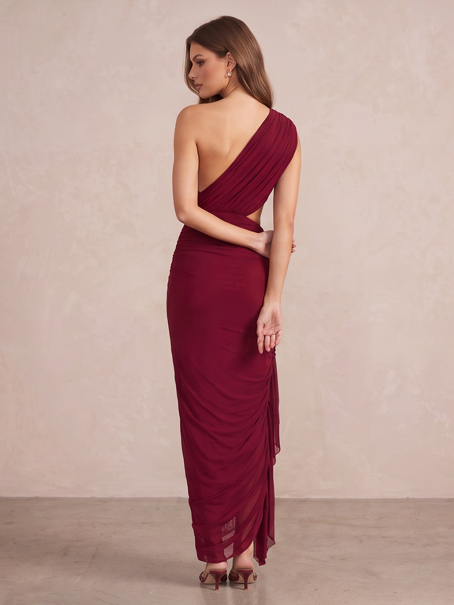 Burgundy Sheath Ankle Length Luxe Stretch Jersey Wedding Guest Dresses One Shoulder Formal Dresses