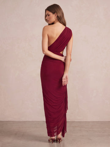 Burgundy Sheath Ankle Length Luxe Stretch Jersey Wedding Guest Dresses One Shoulder Formal Dresses
