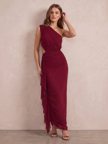 Burgundy Sheath Ankle Length Luxe Stretch Jersey Wedding Guest Dresses One Shoulder Formal Dresses