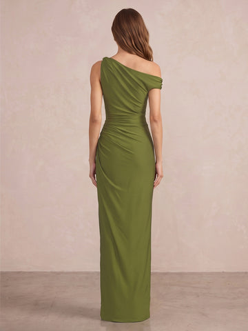 Olive Green Sheath Floor Length Luxe Stretch Jersey Wedding Guest Dresses One Shoulder Formal Dresses