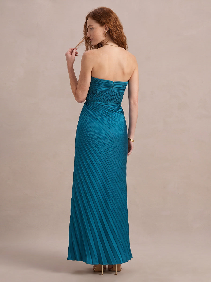Peacock Blue A Line Floor Length Pleated Satin Wedding Guest Dresses Strapless Formal Dresses