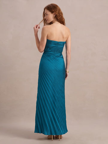 Peacock Blue A Line Floor Length Pleated Satin Wedding Guest Dresses Strapless Formal Dresses