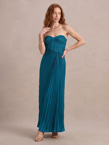 Peacock Blue A Line Floor Length Pleated Satin Wedding Guest Dresses Strapless Formal Dresses