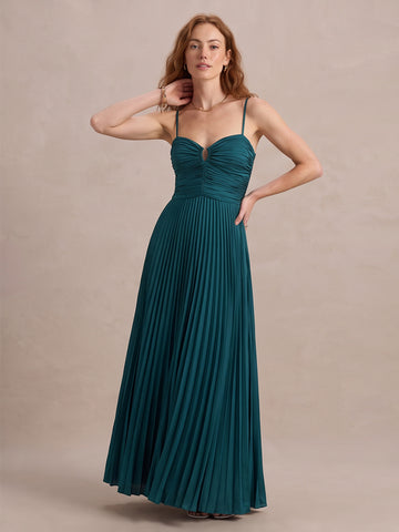 Teal A Line Floor Length Pleated Satin Wedding Guest Dresses Sweetheart Neck Formal Dresses