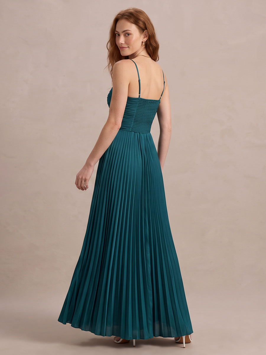 Teal A Line Floor Length Pleated Satin Wedding Guest Dresses Sweetheart Neck Formal Dresses