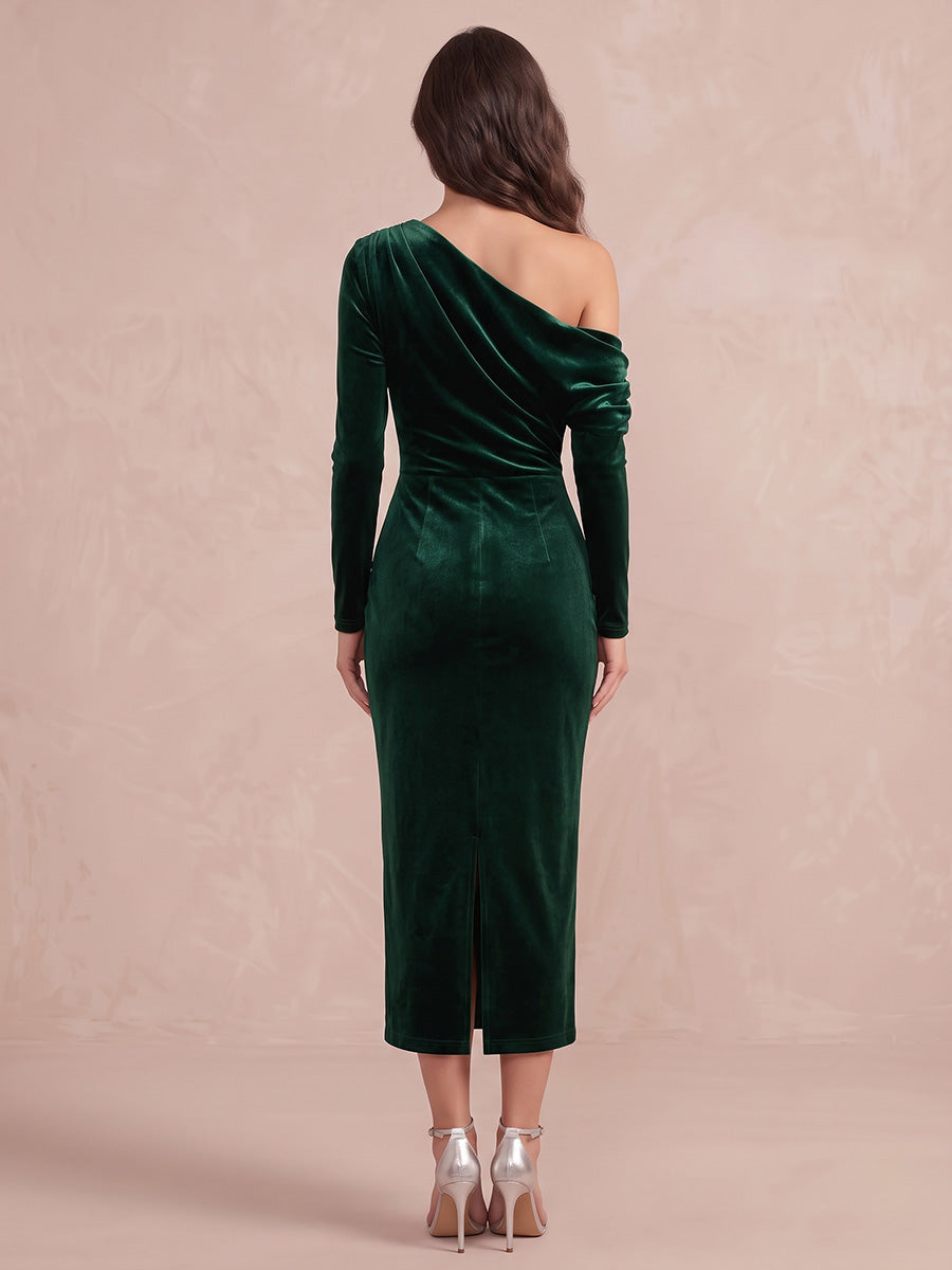 Emerald Green Sheath Tea Velvet Wedding Guest Dresses Off  Shoulder Formal Dresses