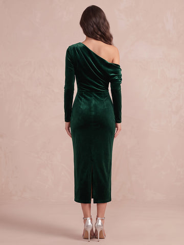 Emerald Green Sheath Tea Velvet Wedding Guest Dresses Off  Shoulder Formal Dresses