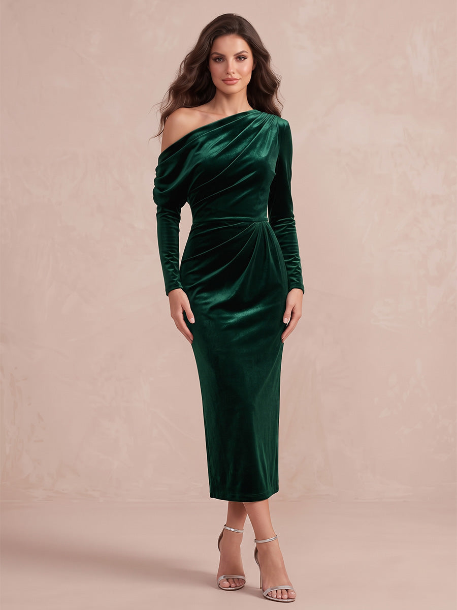 Emerald Green Sheath Tea Velvet Wedding Guest Dresses Off  Shoulder Formal Dresses