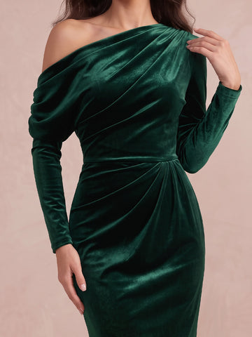 Emerald Green Sheath Tea Velvet Wedding Guest Dresses Off  Shoulder Formal Dresses