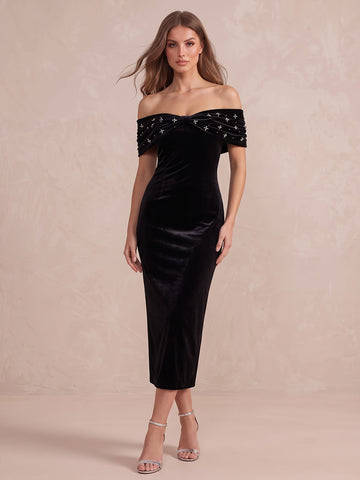 Black Sheath Tea Length Velvet Wedding Guest Dresses Off Shoulder Formal Dresses