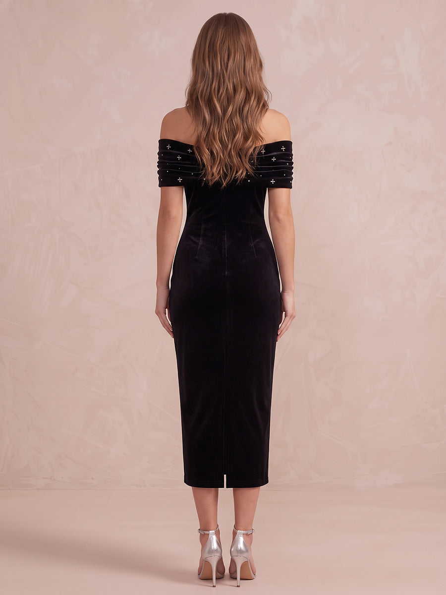 Black Sheath Tea Length Velvet Wedding Guest Dresses Off Shoulder Formal Dresses
