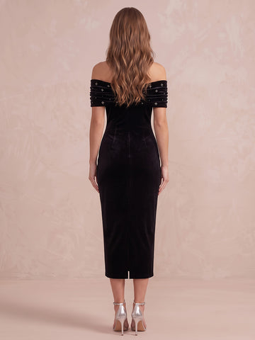 Black Sheath Tea Length Velvet Wedding Guest Dresses Off Shoulder Formal Dresses