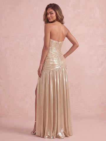 Champagne Gold Sheath Metallic Pleated Long Wedding Guest Dresses With High Slit Strapless Formal Dresses