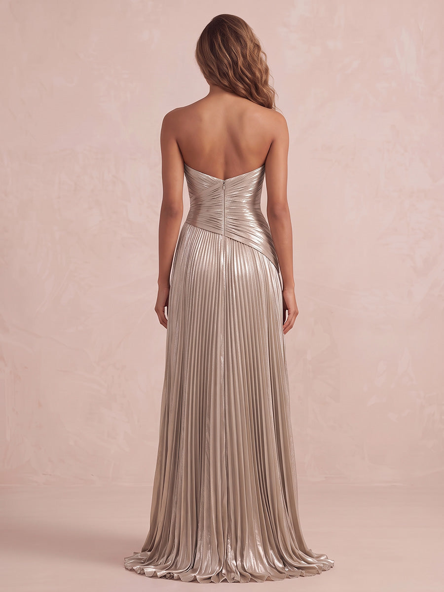 Champagne A Line Midi Metallic Pleated Wedding Guest Dresses Sweetheart Formal Dresses
