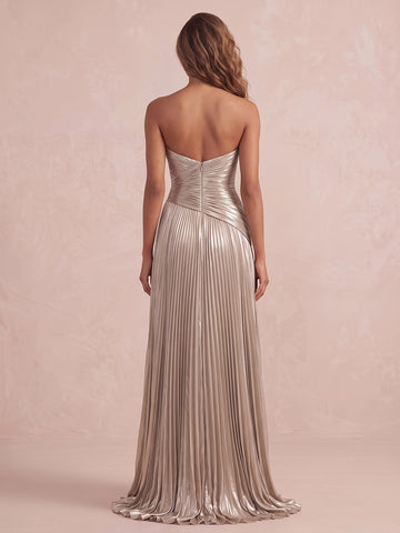 Champagne A Line Midi Metallic Pleated Wedding Guest Dresses Sweetheart Formal Dresses