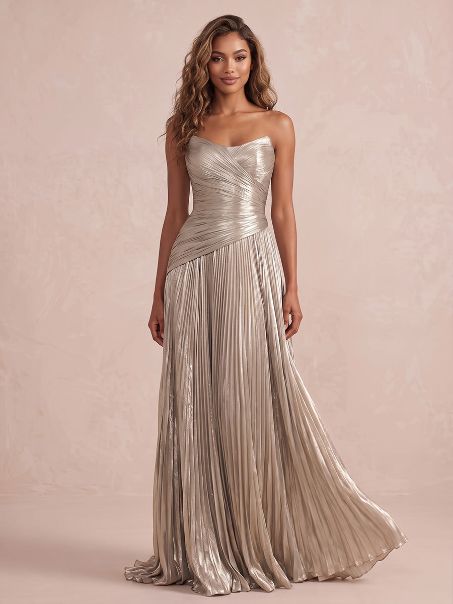Champagne A Line Midi Metallic Pleated Wedding Guest Dresses Sweetheart Formal Dresses