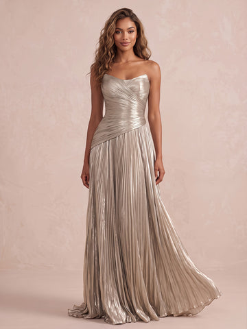 Champagne A Line Midi Metallic Pleated Wedding Guest Dresses Sweetheart Formal Dresses