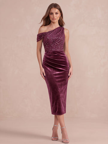 Plum Sheath Tea Length Velvet With Sequin Bodice Wedding Guest Dresses One Shoulder Formal Dresses