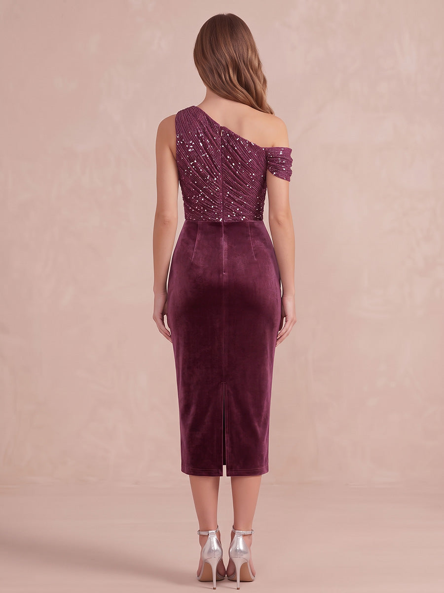Plum Sheath Tea Length Velvet With Sequin Bodice Wedding Guest Dresses One Shoulder Formal Dresses