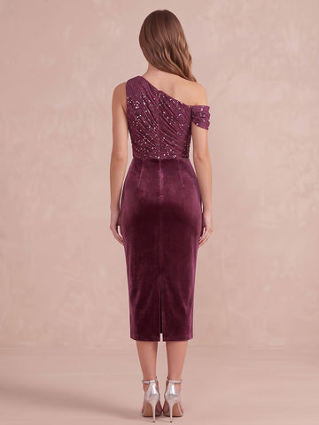 Plum Sheath Tea Length Velvet With Sequin Bodice Wedding Guest Dresses One Shoulder Formal Dresses
