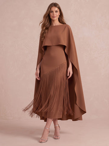Brown Sheath With Cape Fringe Hem Tea Length Crepe Wedding Guest Dresses Bateau Neck Formal Dresses