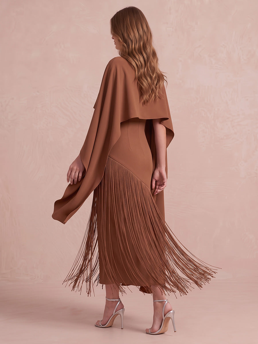 Brown Sheath With Cape Fringe Hem Tea Length Crepe Wedding Guest Dresses Bateau Neck Formal Dresses
