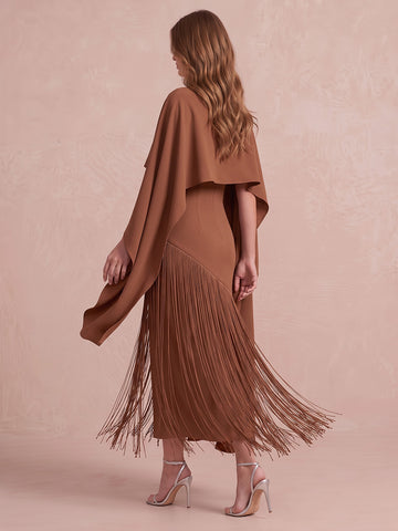 Brown Sheath With Cape Fringe Hem Tea Length Crepe Wedding Guest Dresses Bateau Neck Formal Dresses