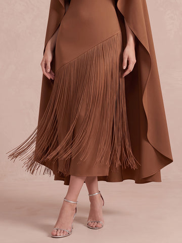 Brown Sheath With Cape Fringe Hem Tea Length Crepe Wedding Guest Dresses Bateau Neck Formal Dresses