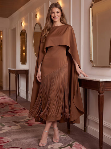 Brown Sheath With Cape Fringe Hem Tea Length Crepe Wedding Guest Dresses Bateau Neck Formal Dresses