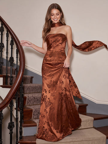 Burnt Orange Mermaid Floor Length Jacquard Satin Wedding Guest Dresses Strapless Formal Dresses