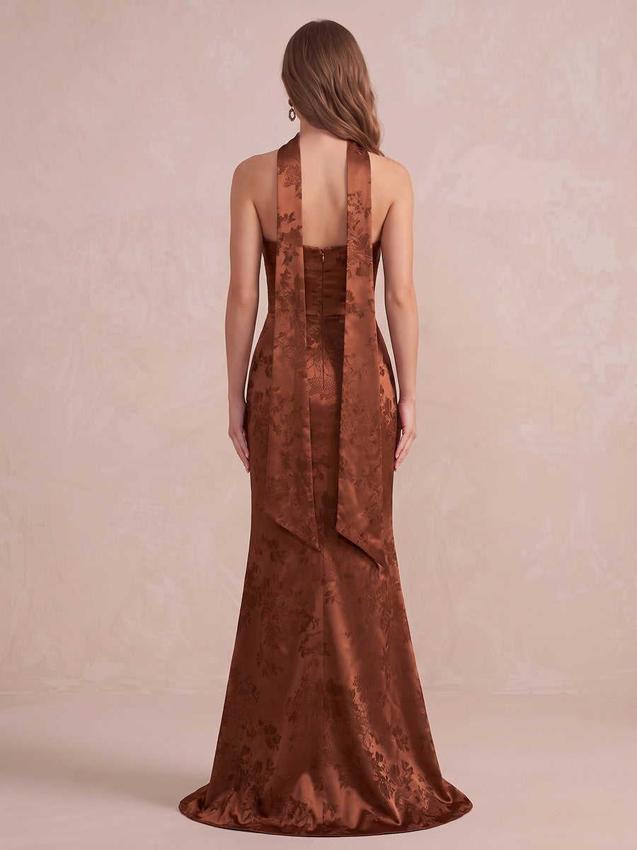 Burnt Orange Mermaid Floor Length Jacquard Satin Wedding Guest Dresses Strapless Formal Dresses