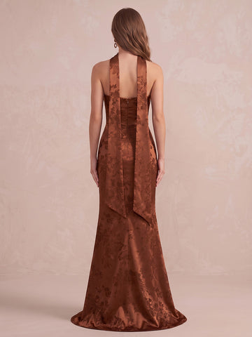 Burnt Orange Mermaid Floor Length Jacquard Satin Wedding Guest Dresses Strapless Formal Dresses