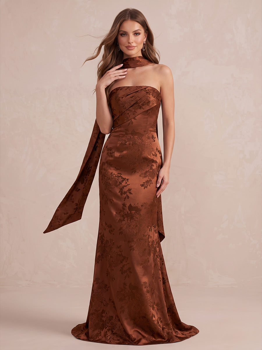 Burnt Orange Mermaid Floor Length Jacquard Satin Wedding Guest Dresses Strapless Formal Dresses