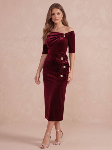 Burgundy Sheath Tea Length Velvet 3D Floral Wedding Guest Dresses Off Shoulder Formal Dresses