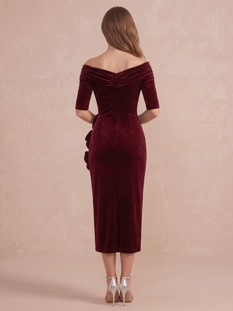 Burgundy Sheath Tea Length Velvet 3D Floral Wedding Guest Dresses Off Shoulder Formal Dresses