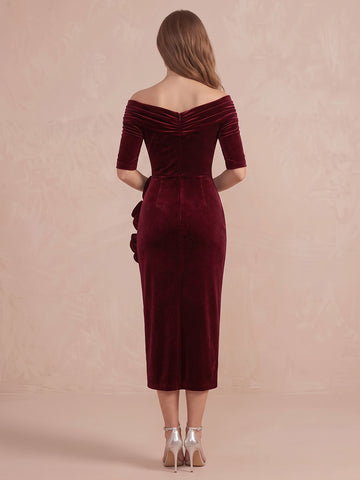 Burgundy Sheath Tea Length Velvet 3D Floral Wedding Guest Dresses Off Shoulder Formal Dresses