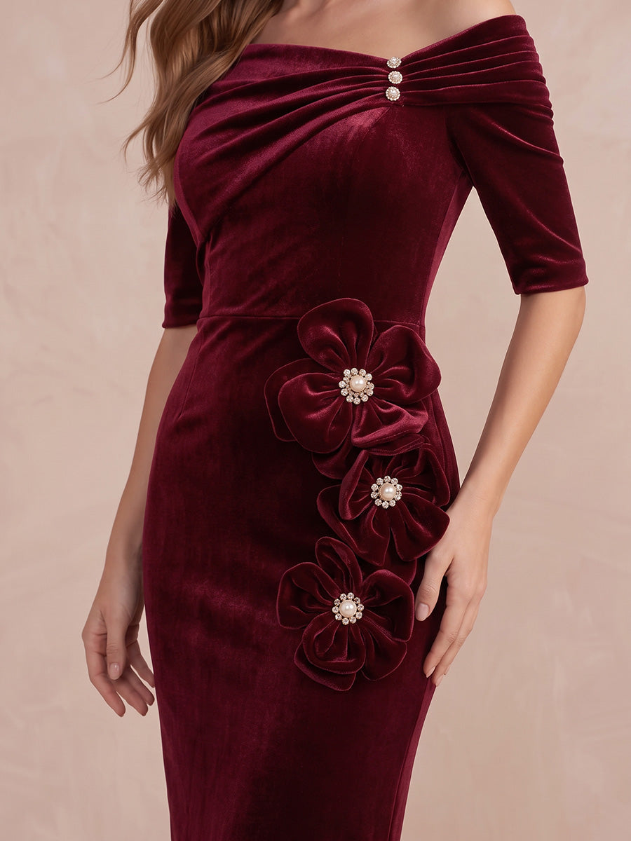 Burgundy Sheath Tea Length Velvet 3D Floral Wedding Guest Dresses Off Shoulder Formal Dresses