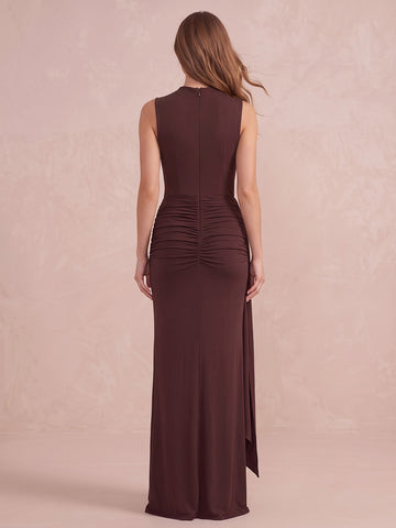 Brown Sheath Floor Length Luxe Stretch Jersey Wedding Guest Dresses High Neck Sleeveless Formal Dresses