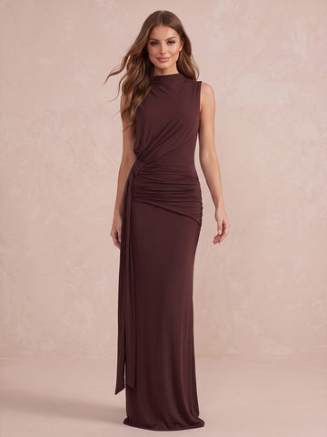 Brown Sheath Floor Length Luxe Stretch Jersey Wedding Guest Dresses High Neck Sleeveless Formal Dresses