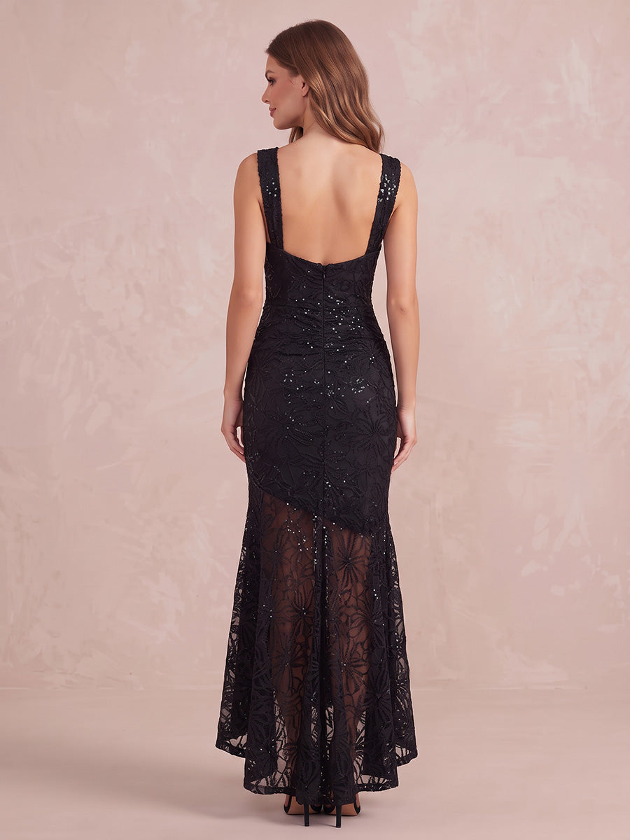 Black Mermaid Slit Ankle Length Sequin Lace Wedding Guest Dresses Square Neck Formal Dresses