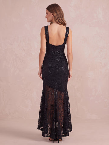 Black Mermaid Slit Ankle Length Sequin Lace Wedding Guest Dresses Square Neck Formal Dresses