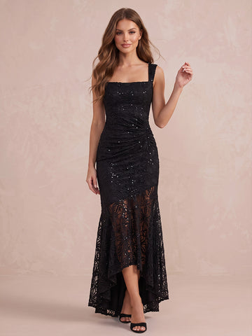 Black Mermaid Slit Ankle Length Sequin Lace Wedding Guest Dresses Square Neck Formal Dresses