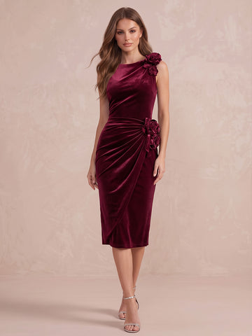 Burgundy Sheath Midi Length Velvet 3D Floral Wedding Guest Dresses Boat Neck Formal Dresses