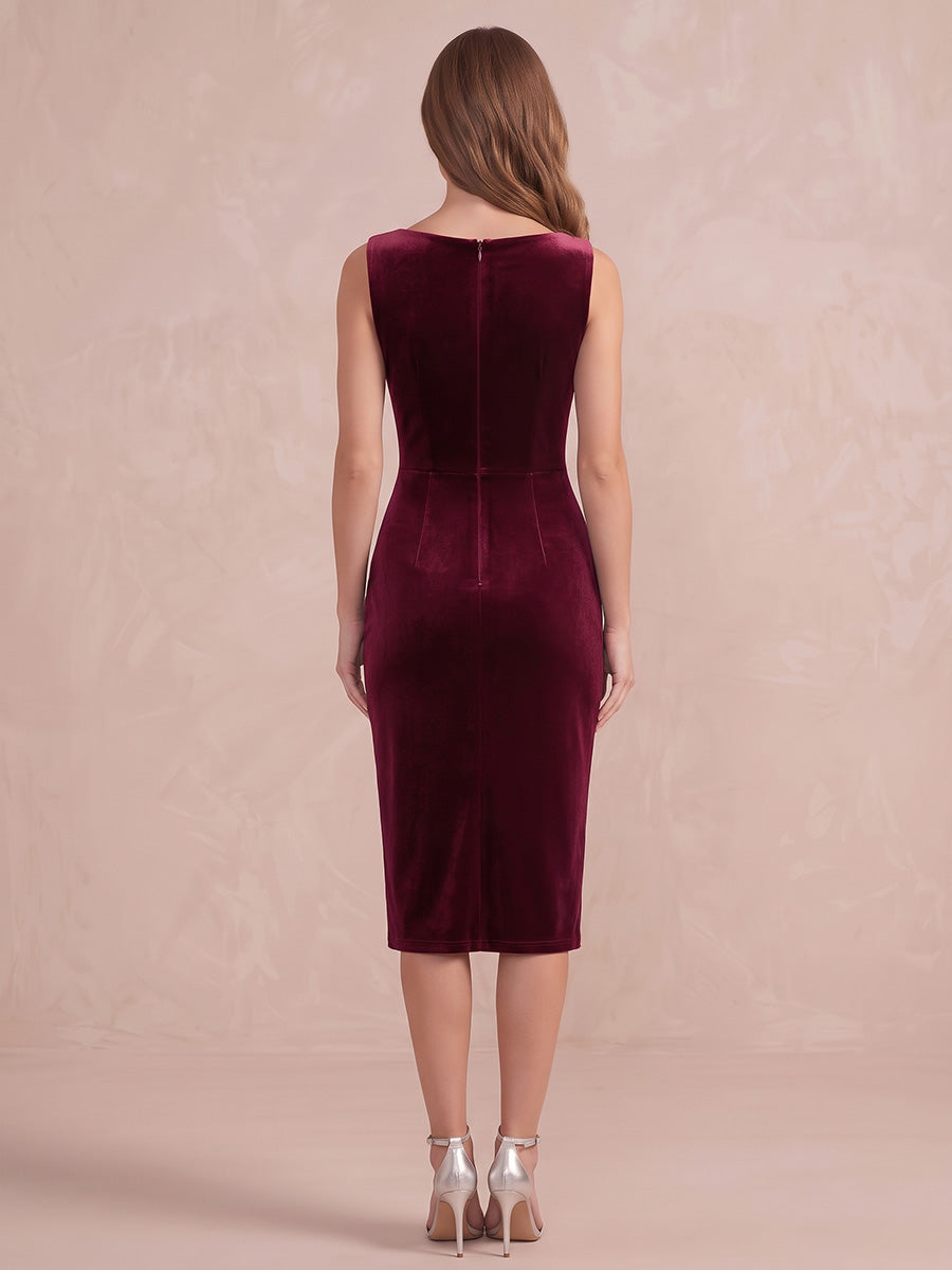 Burgundy Sheath Midi Length Velvet 3D Floral Wedding Guest Dresses Boat Neck Formal Dresses