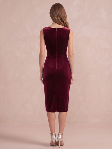 Burgundy Sheath Midi Length Velvet 3D Floral Wedding Guest Dresses Boat Neck Formal Dresses