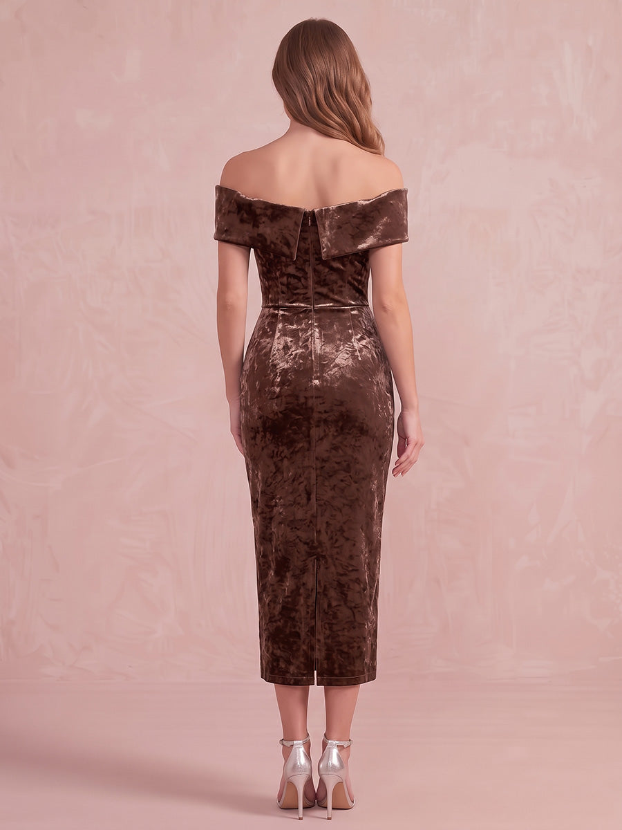 Brown Sheath Midi Length Velvet Wedding Guest Dresses Off Shoulder Sweetheart Formal Dresses