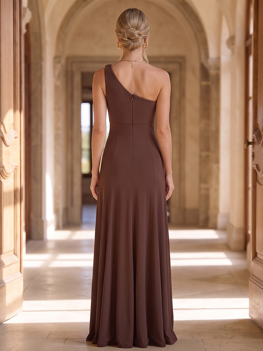 Chocolate Brown A Line Long Luxe Stretch Jersey Wedding Guest Dresses One Shoulder Formal Dresses